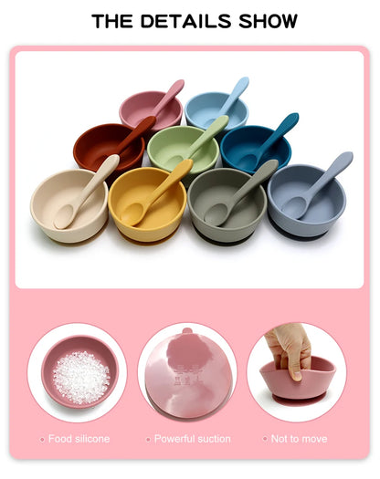 Food Grade Silicone Baby Feeding Bowls with Lid Anti-fall Strong Suction Dining Bowl for Toddler Kid Training Tableware BPA Free