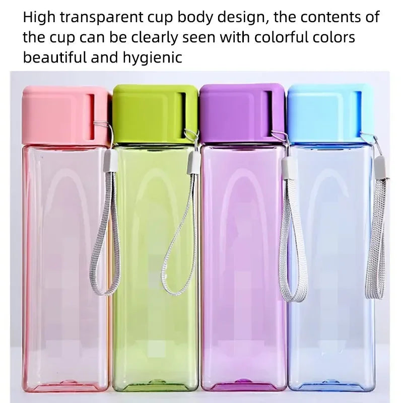 Portable Plastic Water Cup Square Bottle with Hand Strap Milk Cup Creative Frosted Portable Cup Student Sports Water Bottle