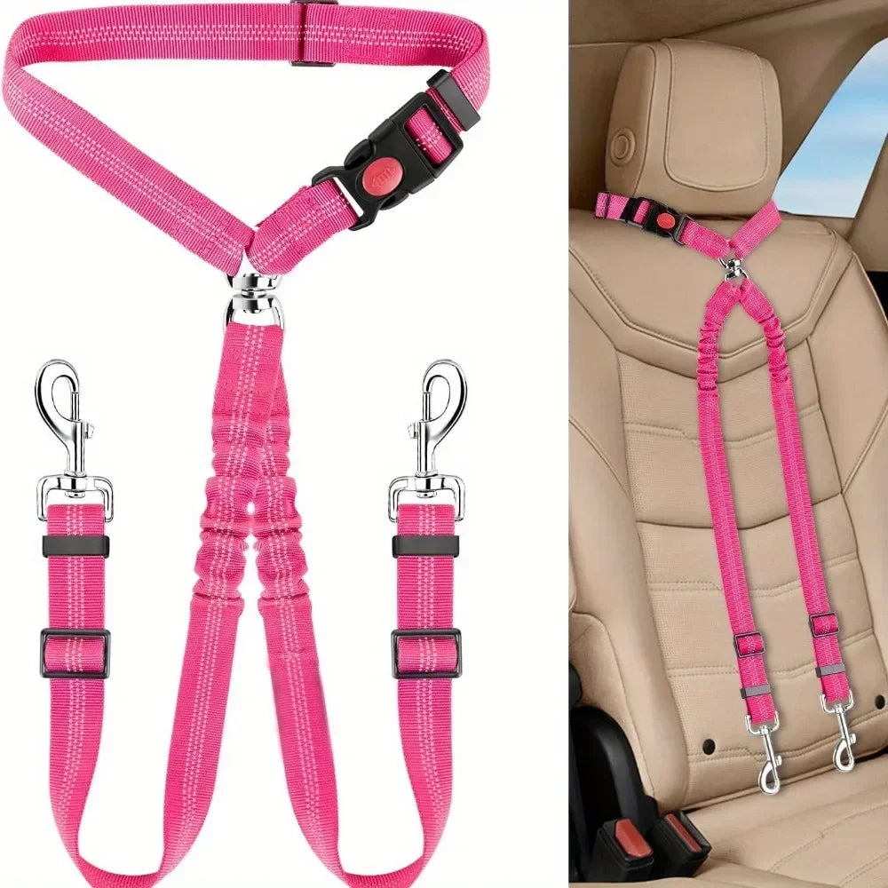Double Dog Car Harness Safety Seatbelt Adjustable Pet Travel Restraint for 2 Dogs Heavy Duty Crash Tested Elastic Splitter Headr