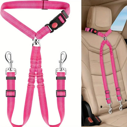Double Dog Car Harness Safety Seatbelt Adjustable Pet Travel Restraint for 2 Dogs Heavy Duty Crash Tested Elastic Splitter Headr