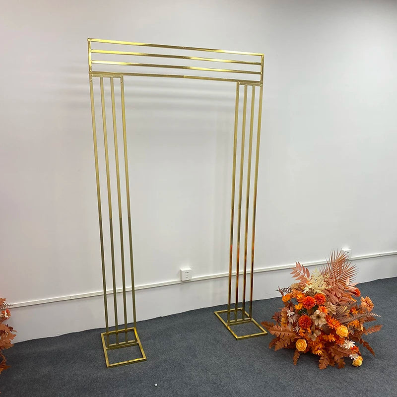 Shiny Gold-Plated Square Screen Backdrop Shelf, Wedding Arch, Geometric Flower, Door Stand, Artificial Flor, 2.2m, 3Pcs