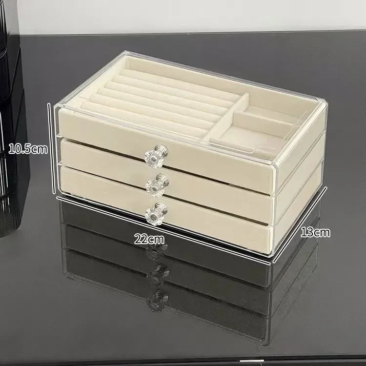 Organizer Box  Acrylic Velvet Jewelry Organizer with 3 Drawers Stackable Display Storage Earrings Necklace Bracelets Box Holder