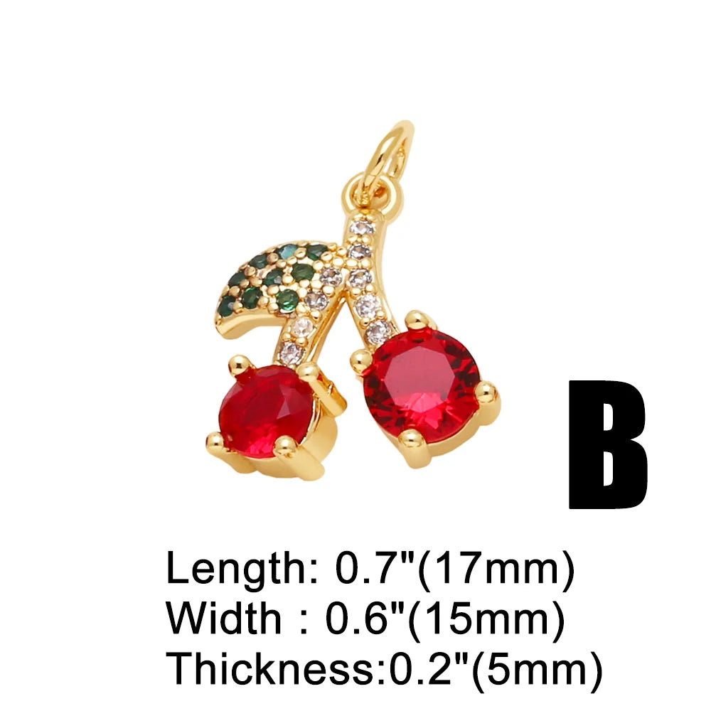 OCESRIO Crystal Green Leaves Cherry Pendant for Necklaces Copper Gold Plated Enamel Fruit Jewelry Making Component pdtb791