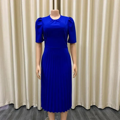 Elegant Office Dresses Pleated Woman 2025 New O Neck Short Sleeve Mid Calf Formal Business Work Wear Dress Midi Vestidos Mujer