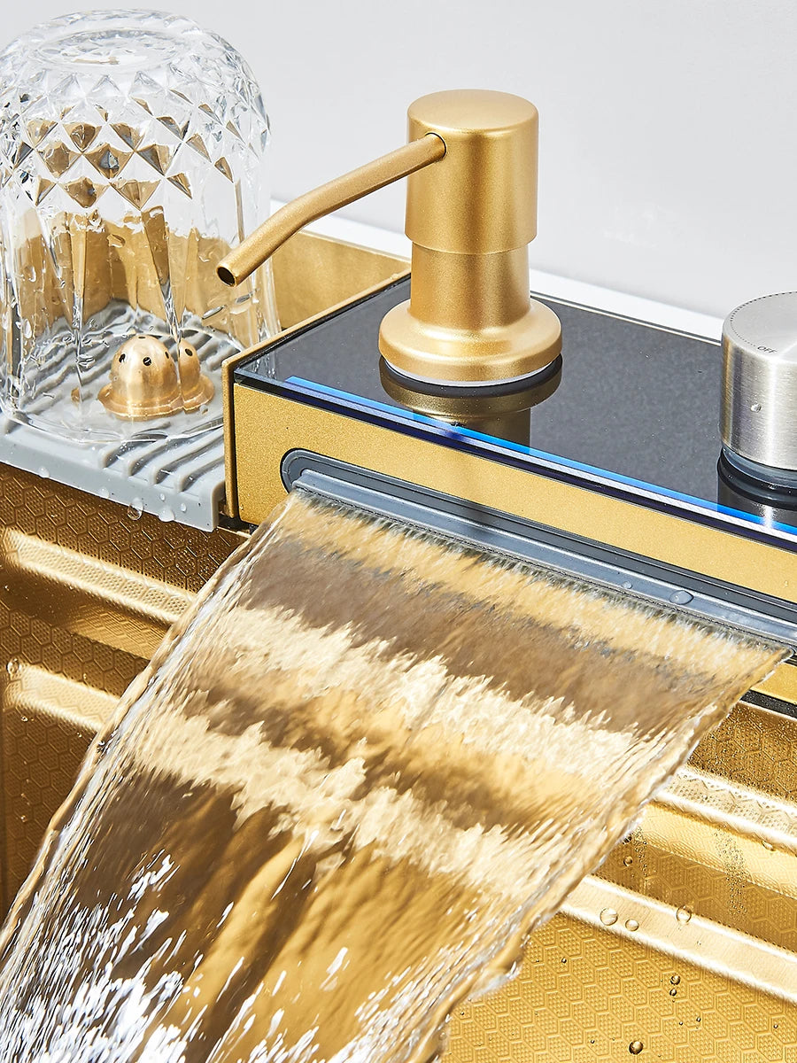 304 Stainless Steel Waterfall Kitchen Sink Large Single Slot Integrated Digital Display Faucet Set Soap Dispenser Cup Washer
