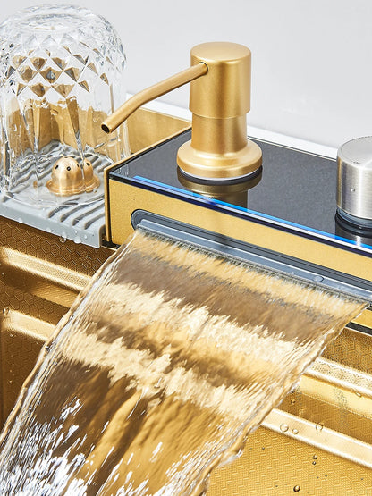 304 Stainless Steel Waterfall Kitchen Sink Large Single Slot Integrated Digital Display Faucet Set Soap Dispenser Cup Washer