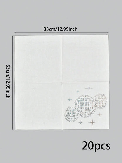 20 disposable silver-printed disco party cocktail napkins, party tableware, birthday engagement graduation party decorations
