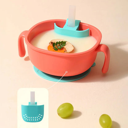 3-in-1 Baby Snack Bowl with Silicone Straw,Cover&Detachable Suction,Kids Soup Bowl with Handle, Portable Handle Cup for Outdoor