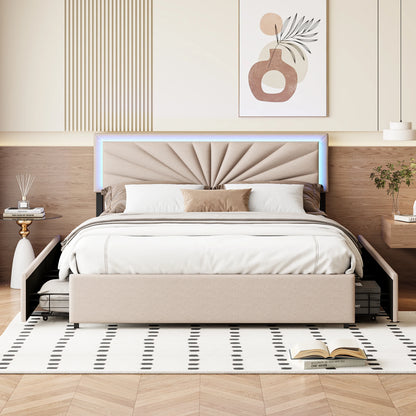 Double Bed, Upholstered Bed 160 x 200 cm, LED Bed Frame, Storage Bed with 4 Drawers and Slatted Frame, Headboard, Youth Bed