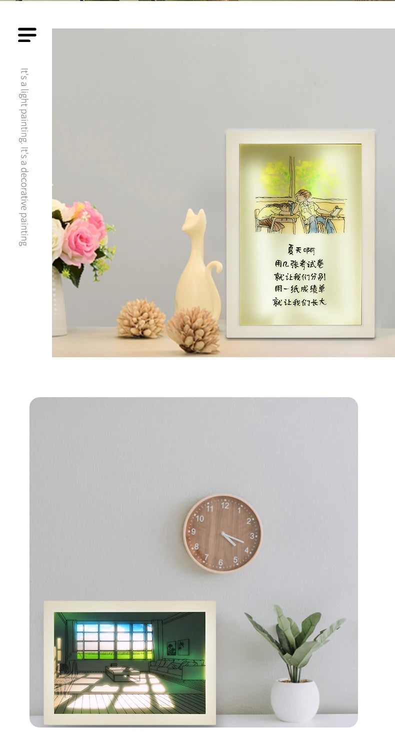 Beautiful LED Light Painting Indoor Sunlight Window Wooden Photo Light Dimming Wall Artwork Table Lamp Home Decor Night Lamp