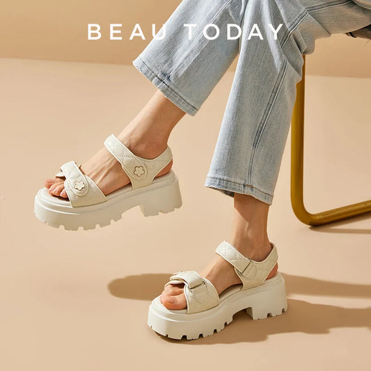 BeauToday Leather Sandals Women Soft Sheepskin Floral Ornament Hook Loop Summer Fashion Ladies Platform Shoes Handmade 38195
