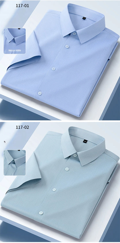 New in shirt summer short sleeve shirts for men slim fit formal plain shirt soft office striped top wrinkle free elastic clothes