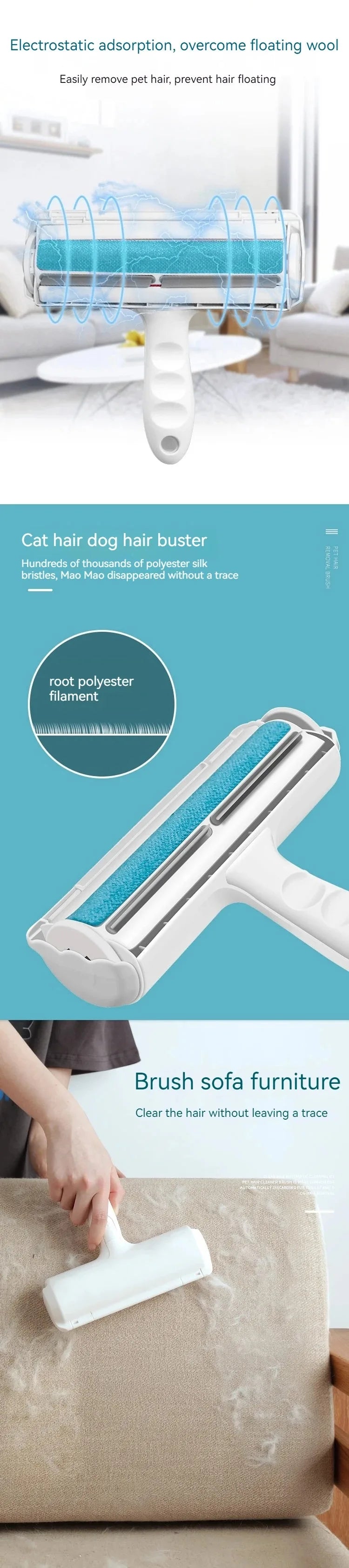 Portability Roller Pet Hair Remover 2-Way Reusable Lint Brush Plastics Furniture Dog and Cat Surface Hair Removal Tool