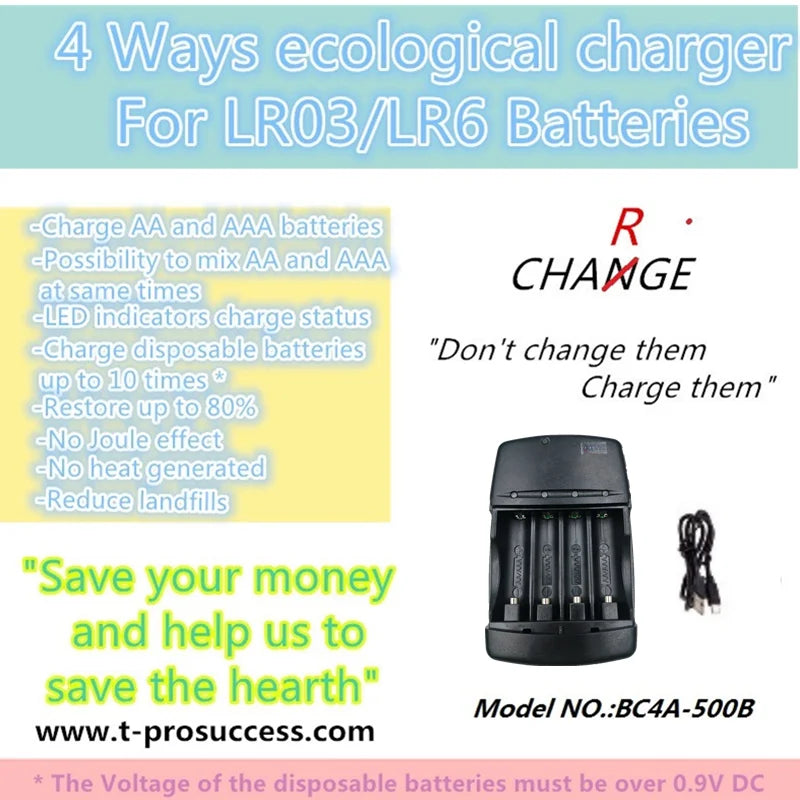 4 way Ecological Charger  with USB input port for  LR03 LR6 disposable Batteries and AA AAA Rechargeable alkaline Batteries