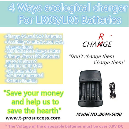 4 way Ecological Charger  with USB input port for  LR03 LR6 disposable Batteries and AA AAA Rechargeable alkaline Batteries