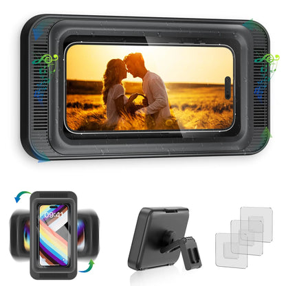 Shower Phone Holder with Speaker  480 Rotation, Wall Phone Mount for Shower Waterproof Anti Fog Shower Case for 4-7" Phones