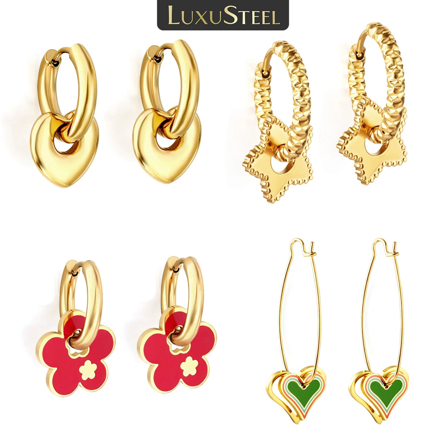 LUXUSTEEL Golden Heart style Women's Hoop Earrings Stainless Steel Female Earring Flower Star Drop Ear ring Jewelry Gifts