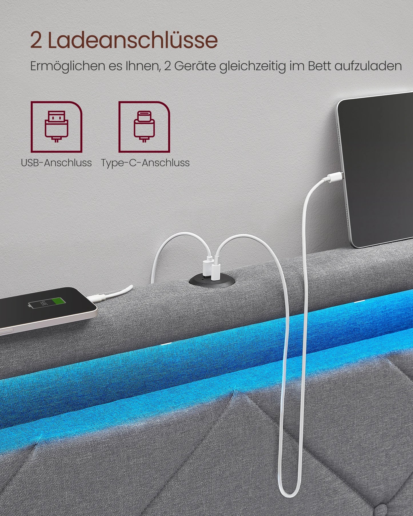 VASAGLE Upholstery bed double bed frame bed frame Metal bed (LED, 4 drawers, charging station