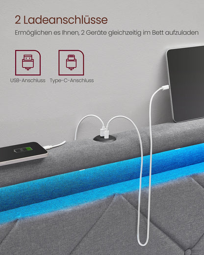 VASAGLE Upholstery bed double bed frame bed frame Metal bed (LED, 4 drawers, charging station