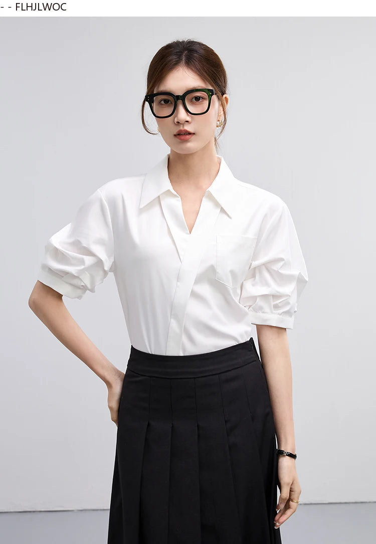 Office Lady Basics Fashion White Shirts New Women Summer Work Solid V Neck Tops Blouses French Design Interview Shirt Cotton