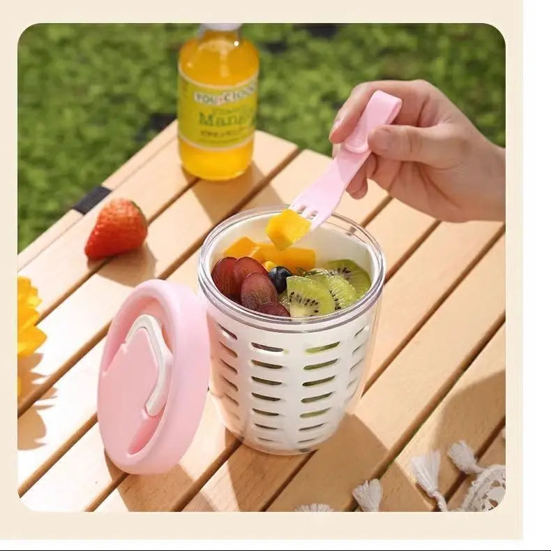 Salad Cup With Fork Cylindrical Plastic Fruit Cup Multifunctional Drainage Function Salad Container, Portable Lunch Box