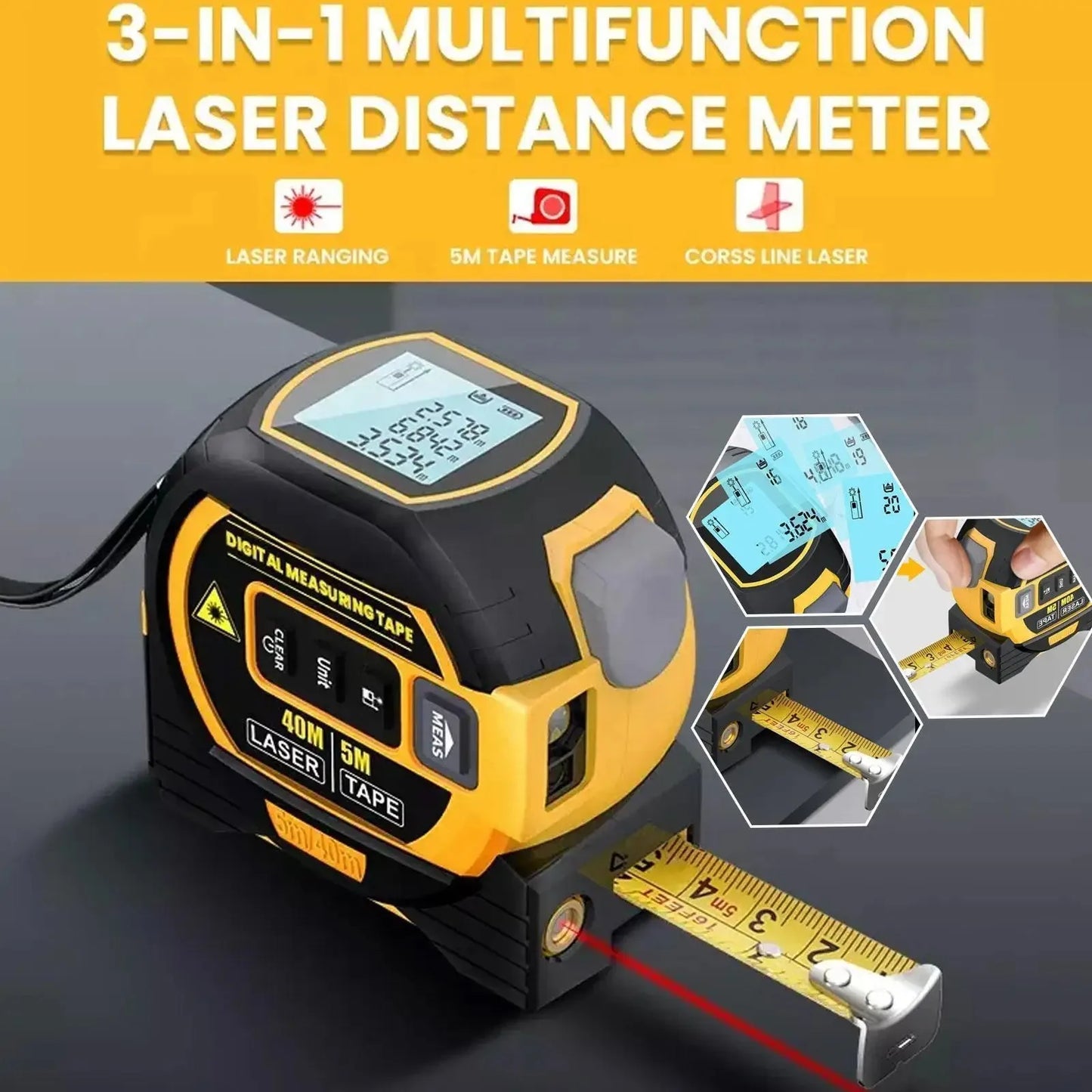 3 in1laser distance meter measuring laser tape measure with digital display 40m/60m, 5m precision measuring ruler,distance meter