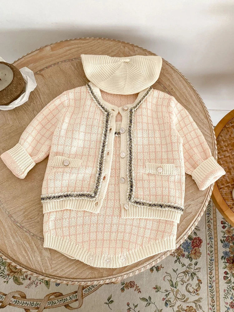 New autumn clothing for babies aged 0-3, featuring a plaid small fragrant style long sleeved sweater and jumpsuit