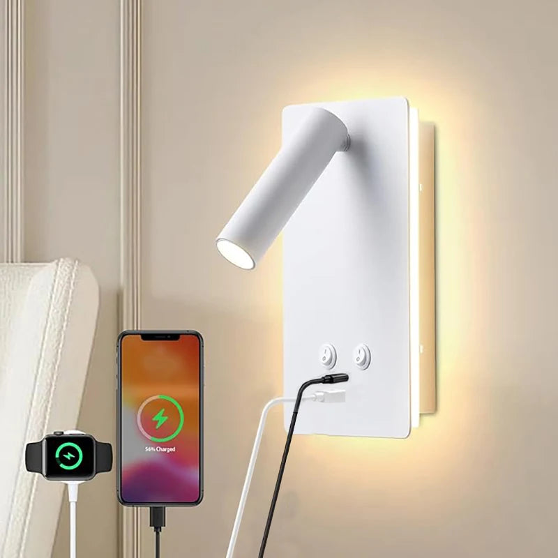 Indoor bedside wall lamp, with front and rear lighting modes, equipped with switch and USB C-type