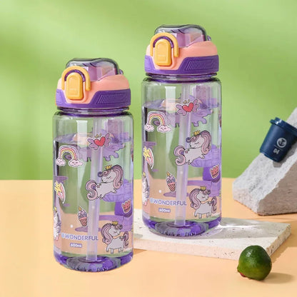 600ml Cartoon Animal Water Bottle Portable Safety Lock Cute Straw Cup Kids Leak-proof Drinking Jug For Outdoor Camping Travel