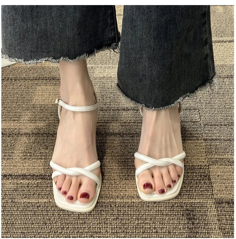 Sandals, 2024 Summer New Fashion Gentle Retro Chunky Non-slip Sandals, A Line with 5cm High Heels Summer Beach Sandals
