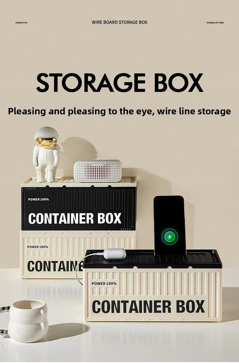 Cable Management Box - Multi-Function Power Strip Organizer with Side Cable Holes, Phone Stand & Storage Lid for Desk/Office