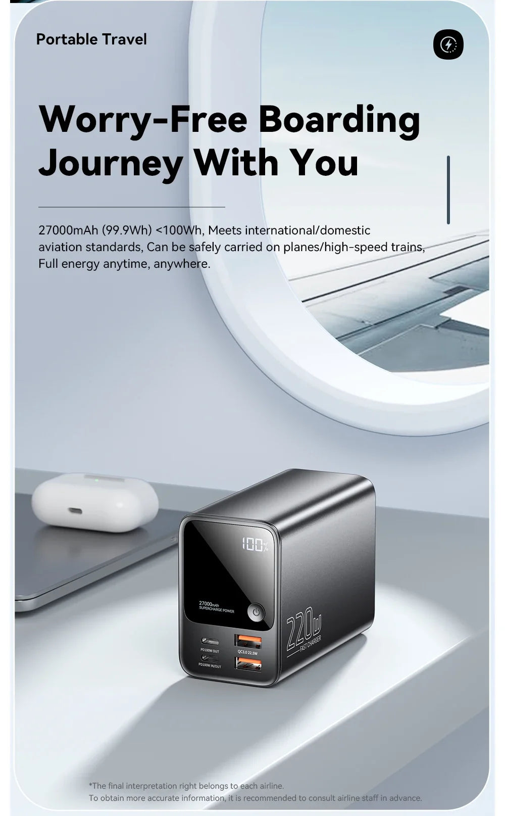 27000mAh Power Bank 100W PD QC3.0 Fast Charging External Spare Battery For iPhone 15 14 13 12 Xiaomi Macbook Air Laptop