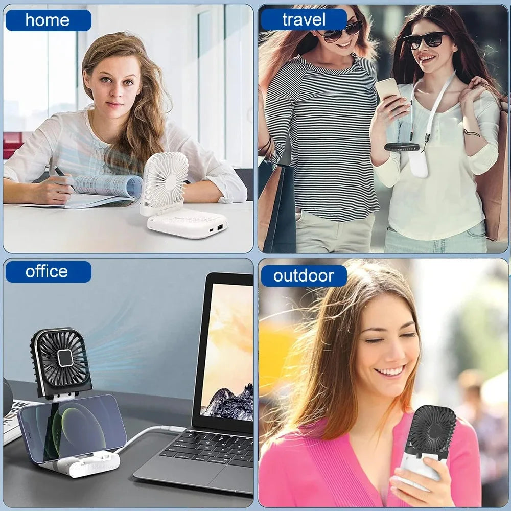 Folding handheld fan USB charging digital display outdoor mini neck hanging power bank fan，gift