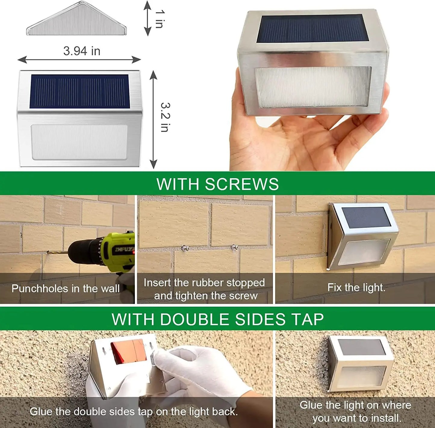 3LED Step Light Stainless Steel Solar Fence Lights Waterproof Outdoor LED Wall Lamps Deck Lights For Stair Garden Fence Patio