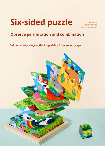 Six Sides Painted Wooden Puzzle Three-Dimensional Traffic Animal Puzzle Building Blocks Early Education Educational Toy