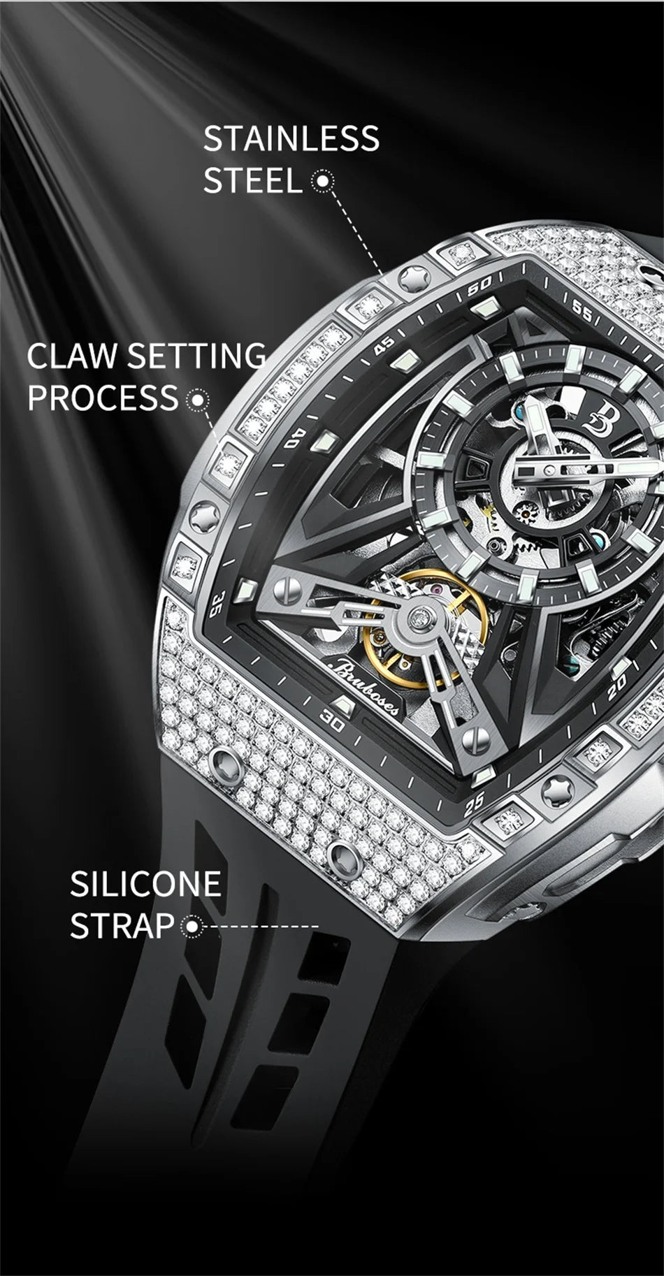 Men Mechanical Winding Watch Montre Homme 2024 New BRUBOSES 5ATM Water Resistant Luminous Tonneau Quartz Wristwatch WIth Diamond