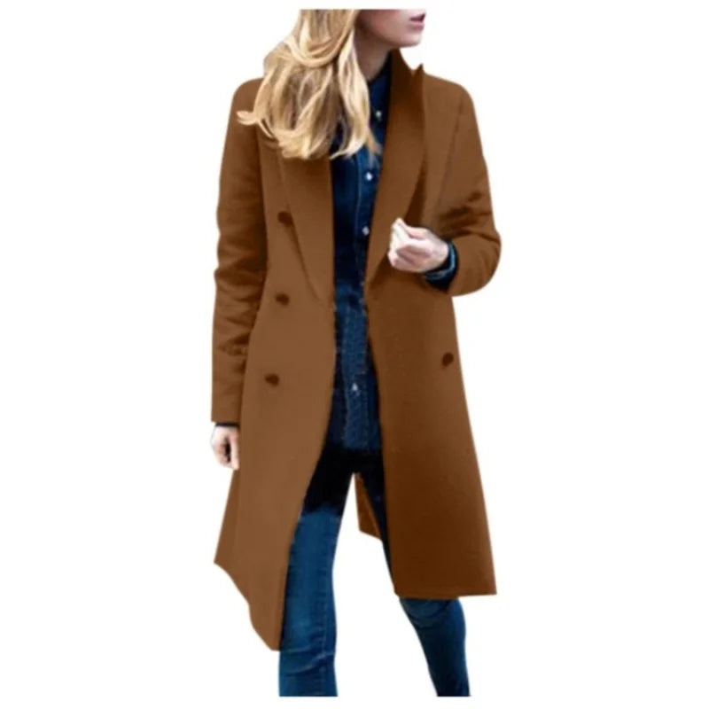 Officewear Casual Women Jackets Fashion Ladies Wool Loose Outwear Elegant Lapel Solid Double-breasted Coats For Autumn Winter