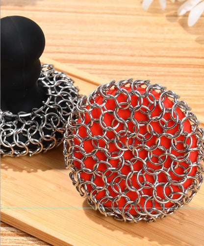 Chainmail Scrubber with Silicone Handle Cast Iron Cleaner for Cast Iron Grill Pan Skillet Wok Bakeware Cast Iron Scrubber