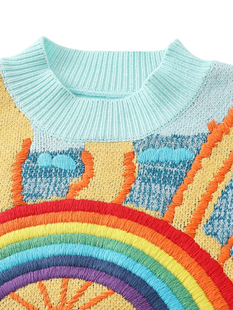 Oversized Sweater Women 2025 Fashion Rainbow Striped Embroidered Letters Knitted Pullovers Loose Casual Streetwear Tops C-119