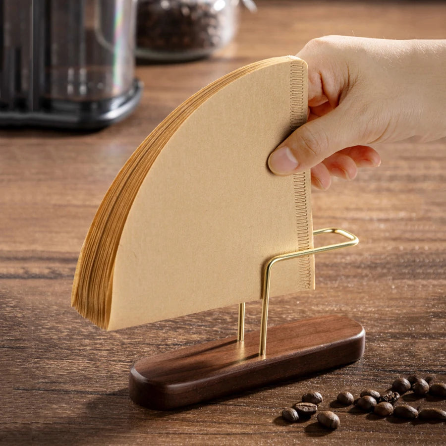 Coffee Filter Holder, Stand Coffee Paper Storage, Coffee Filter Container For V60 Paper Coffee Filters, Walnut & Brass