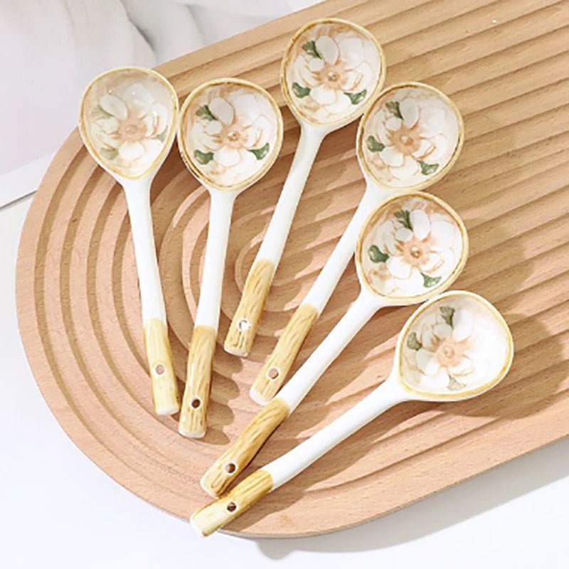 Ceramic Soup Spoon Cereal Spoon Cute Household Tableware Painted Coffee Spoon Jam Spoon Gift Dessert Scoop Kitchenware