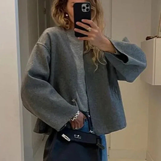 Tweed Jackets for Women Vintage V Neck Oversize Coats Autumn Winter 2024 Fashion Single Button Crop Jacket Casual Elegant Coat