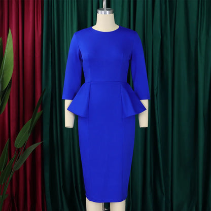 Elegant Office Dresses for Woman O Neck Full Sleeve Sheath Ruffles Package Hips Mid Calf Professional Business Work Dress Midi