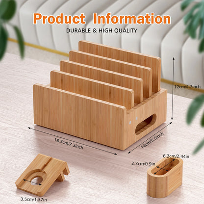 Bamboo Charging Station for Multiple Devices Desktop Docking Stations Holder for Cell Phone Tablet SmartWatch & Earbuds Stand