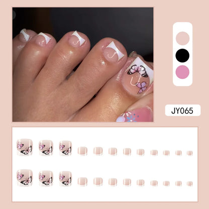 24 Pcs French Design Fake Toe Nail Press on Toe Nail Summer False Nails Acrylic Reusable Toe Nail Decorated Nails With Tool Kit