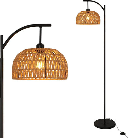 Floor Lamp Living Room,E27 Industrial Metal Floor Lamp,Black Floor Lamp,Rattan Weave Floor Lamp for Bedroom(Without Bulb)