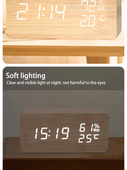 Digital LED Wooden Alarm Clock, Desk Clock, Voice Activated, Electronic Desktop Clock, Luminous Silent Alarm Clock