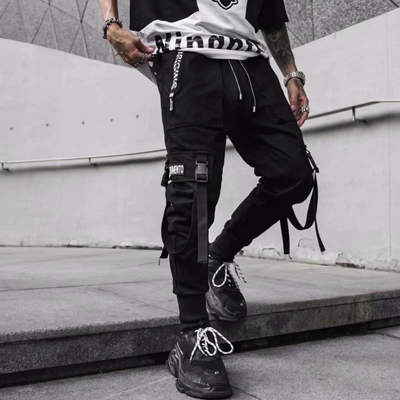 Joggers Cargo Pants for Men Casual Hip Hop Hit Color Pocket Male Trousers Sweatpants Streetwear Ribbons Techwear Pants