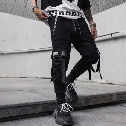 Joggers Cargo Pants for Men Casual Hip Hop Hit Color Pocket Male Trousers Sweatpants Streetwear Ribbons Techwear Pants