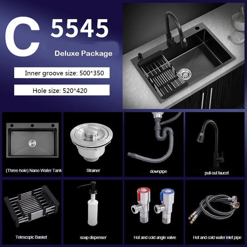 kitchen sink Black nano-sink single-slot household hand-washing basin kitchen large 304 stainless steel sink sink bowl
